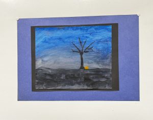 A painted scene featuring a bare tree against a blue and gray sky, with a small yellow circle on the ground.