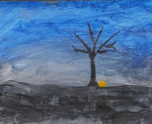 A dark silhouette of a leafless tree against a blue sky, with a small yellow circle on the ground.