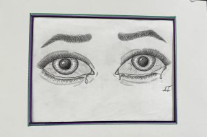 A detailed pencil drawing of two eyes with tears, showcasing realistic eyelashes and expressive features.