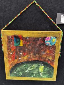 Colorful abstract painting featuring a pond, lily pads, and vibrant patterns on a textured background.