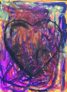 Colorful abstract painting featuring a large heart shape in the center, surrounded by vibrant swirls of purple and orange.