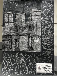 Two figures hold hands while gazing at a city skyline under a starry sky, surrounded by abstract text.