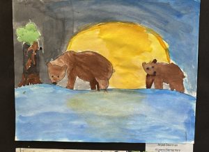 Two brown bears stand by a blue water body under a bright yellow sun, with green trees in the background.