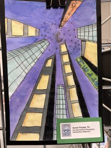 A colorful watercolor illustration of skyscrapers viewed from below, with a purple sky and a crescent moon.