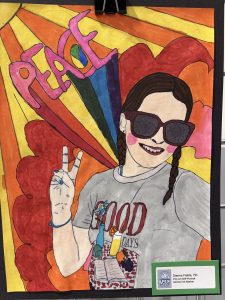 A colorful self-portrait of a girl wearing sunglasses, showing a peace sign, with vibrant background and bold text.