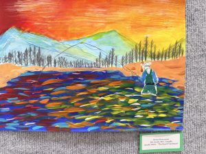 A colorful painting of a person fishing by a vibrant river, with mountains and trees in the background under a sunset sky.