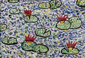 Colorful water lilies with red flowers float on a textured, multicolored water surface.