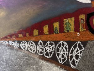 A colorful artwork featuring a train with windows showing trees, alongside white circular patterns on a gray background.