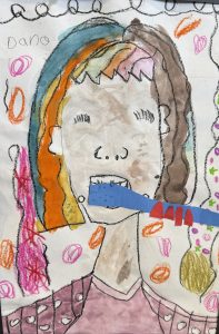 A colorful drawing of a person with multi-colored hair, holding a blue object in their mouth, surrounded by vibrant shapes.