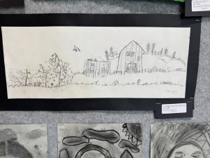A pencil drawing of a rustic landscape with a barn, trees, and a fence, displayed on a black background.