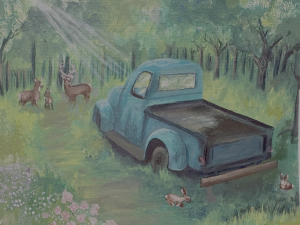 A vintage blue truck in a forest clearing, surrounded by deer and rabbits, with sunlight filtering through the trees.