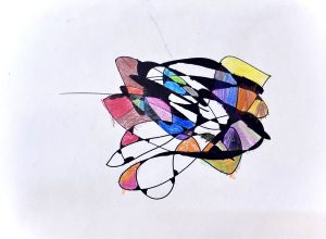 Abstract colorful shapes intertwined with black lines on a white background, creating a dynamic design.