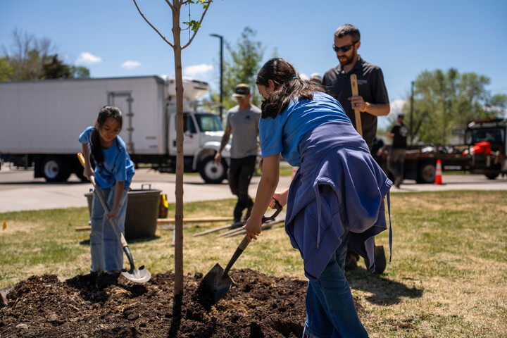 Two children are planting a tree while adults assist in a community gardening effort on a sunny day.