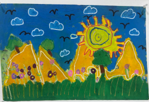 A colorful landscape with mountains, a bright sun, green grass, flowers, and blue sky with clouds and birds.