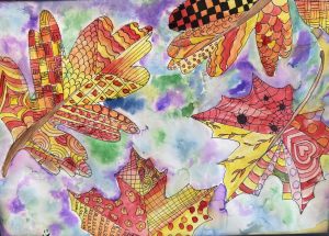 Colorful, patterned autumn leaves on a watercolor background with soft purple and green hues.