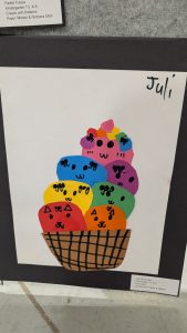 Unos coloridos conos de helado con caras graciosas apilados en una cesta, creados con papel y rotuladores por una estudiante llamada Juli.