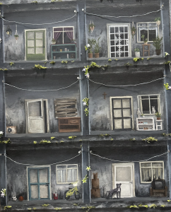 A painted scene of a multi-story building with various doors, windows, plants, and a dog outside.