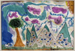 A colorful painting featuring a tree, mountains, and a small dog in a vibrant landscape with abstract shapes in the sky.