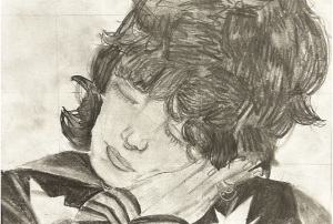 A sketch of a person with curly hair resting their head on their hand, eyes closed, conveying a serene expression.