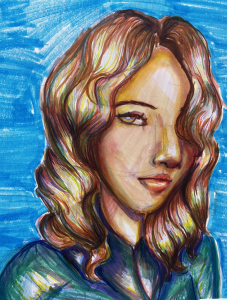 Portrait of a woman with wavy hair, wearing a dark top, set against a vibrant blue background.