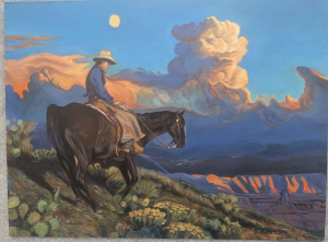 A cowboy in a hat sits on a horse overlooking a colorful sunset with clouds and distant mountains.