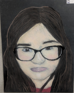 A colored portrait of a young woman with long brown hair and glasses, looking directly at the viewer.