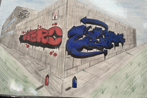 Graffiti art on a wall features red and blue tags, with spray paint cans positioned below and a "No Graffiti" sign above.