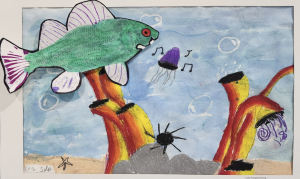 A colorful underwater scene with a green fish, jellyfish, and vibrant coral against a blue background.