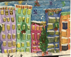 Colorful buildings with holiday decorations and snow, set against a blue sky with stars and snowflakes.