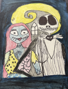 A colorful drawing of two characters with stitched features, set against a moonlit background.