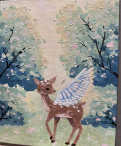 A whimsical painting of a fawn with wings among pastel trees and flowers in a serene, colorful landscape.