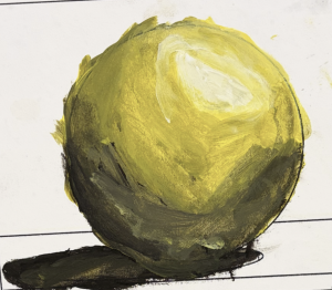 A round, yellow sphere with darker shading at the bottom, set against a white background with faint lines.