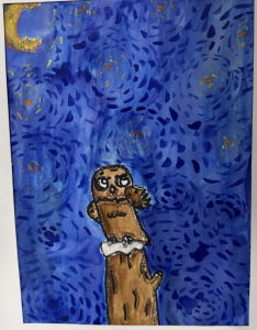 A cartoon owl perched on a tree stump against a vibrant blue swirling background with gold accents.