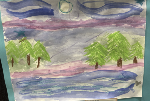 A colorful landscape painting featuring green trees, a blue river, and a night sky with a moon and stars.