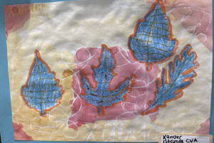 Colorful artwork featuring blue leaves outlined in orange on a textured background of pink and yellow. Signed by Xander.