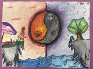 A colorful drawing split into two halves, depicting fire and water themes with a yin-yang symbol in the center.