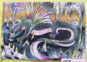 A colorful dragon with large wings rests among jagged rocks and glowing crystals in a dark, mystical landscape.