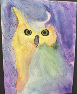 Colorful watercolor painting of an owl with large eyes, set against a purple and blue zigzag background.