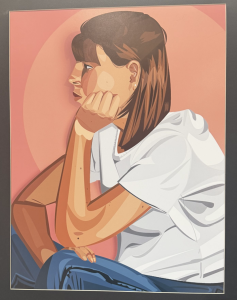 A side profile of a young woman resting her chin on her hand, wearing a white shirt against a pink background.