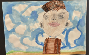 A colorful drawing of a person with a large head, prominent features, and a blue sky background.