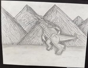 A cartoon dinosaur breathes fire in a landscape with sharp, stylized mountains in the background.