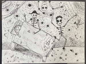 A child in bed surrounded by playful skeletons and whimsical elements in a dreamy, swirling background.