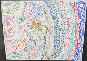 Abstract artwork featuring colorful dots and lines in various patterns, creating a vibrant and dynamic composition.