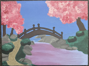 A serene landscape featuring a wooden bridge over a pink river, surrounded by cherry blossom trees and rocks.