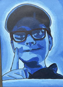 A blue-toned painting of a person with glasses making a shushing gesture, set against a lighter blue background.