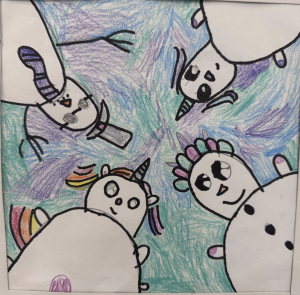 A colorful drawing of four unicorns with snowman-like features, viewed from above against a blue-green background.