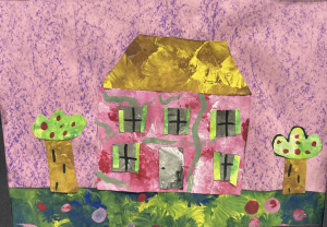 A colorful children's drawing of a pink house with a golden roof, surrounded by green trees on a pink background.