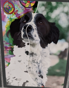 A colorful, abstract illustration of a dog's face, blending with vibrant patterns and shapes on one side.