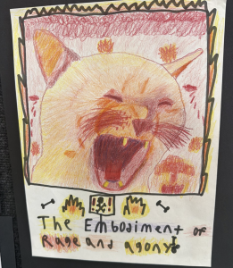 A colorful drawing of a roaring cat with the title "The Embodiment of Rage and Agony" at the bottom.
