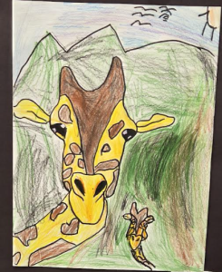 A colorful drawing of a giraffe and its calf in a green landscape, with mountains and a sun in the background.